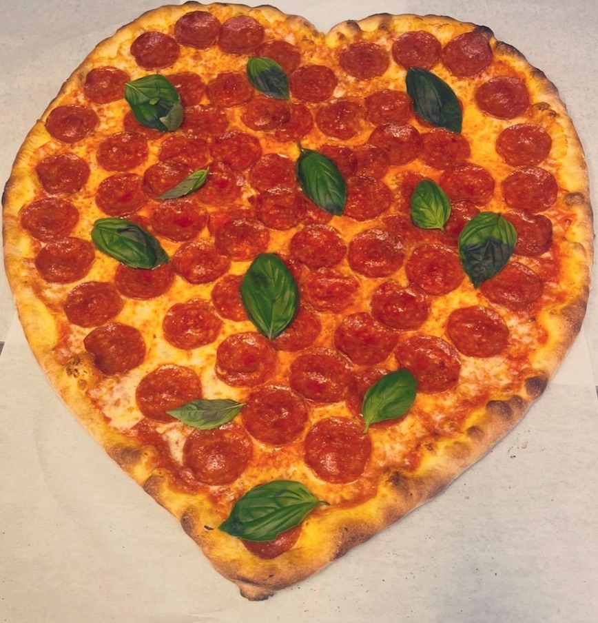 Heart-shaped pizza with pepperoni, fresh basil and mozzarella — Roma Pizza Union special-order, Union SC